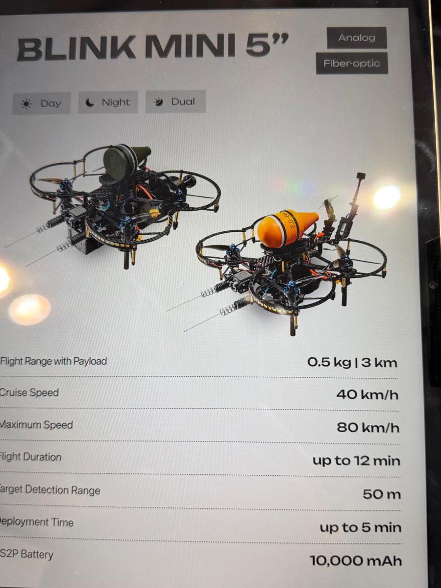 Tablet showing specifications of a 5-inch FPV drone with analog and fibre-optic options: 0.5 kg over 3 km, 80 km/h maximum, up to 12 minutes