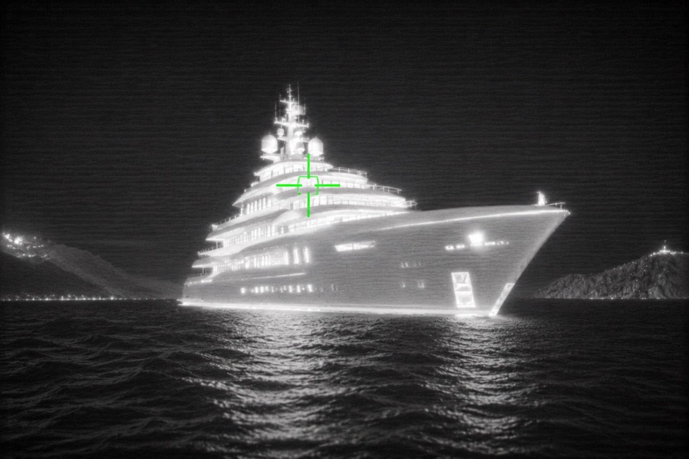 Thermal night view of a superyacht at sea with an AI targeting reticle locked on the vessel.