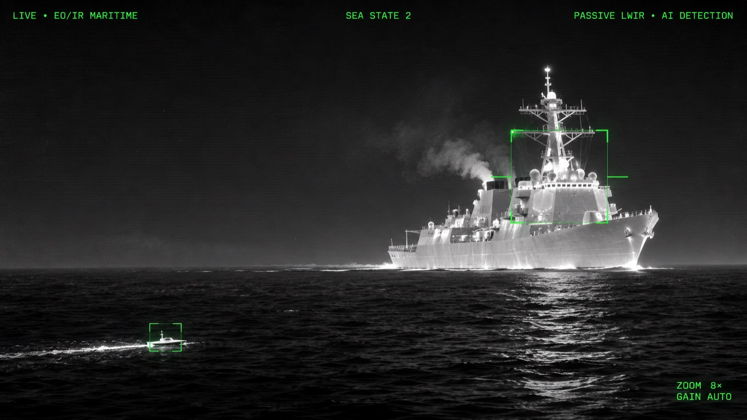 Thermal night view of a warship and a small fast craft on open sea, both locked by AI detection boxes.