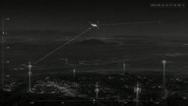 Night view over a valley with cellular masts and an aircraft locked in a tracking box above the skyline