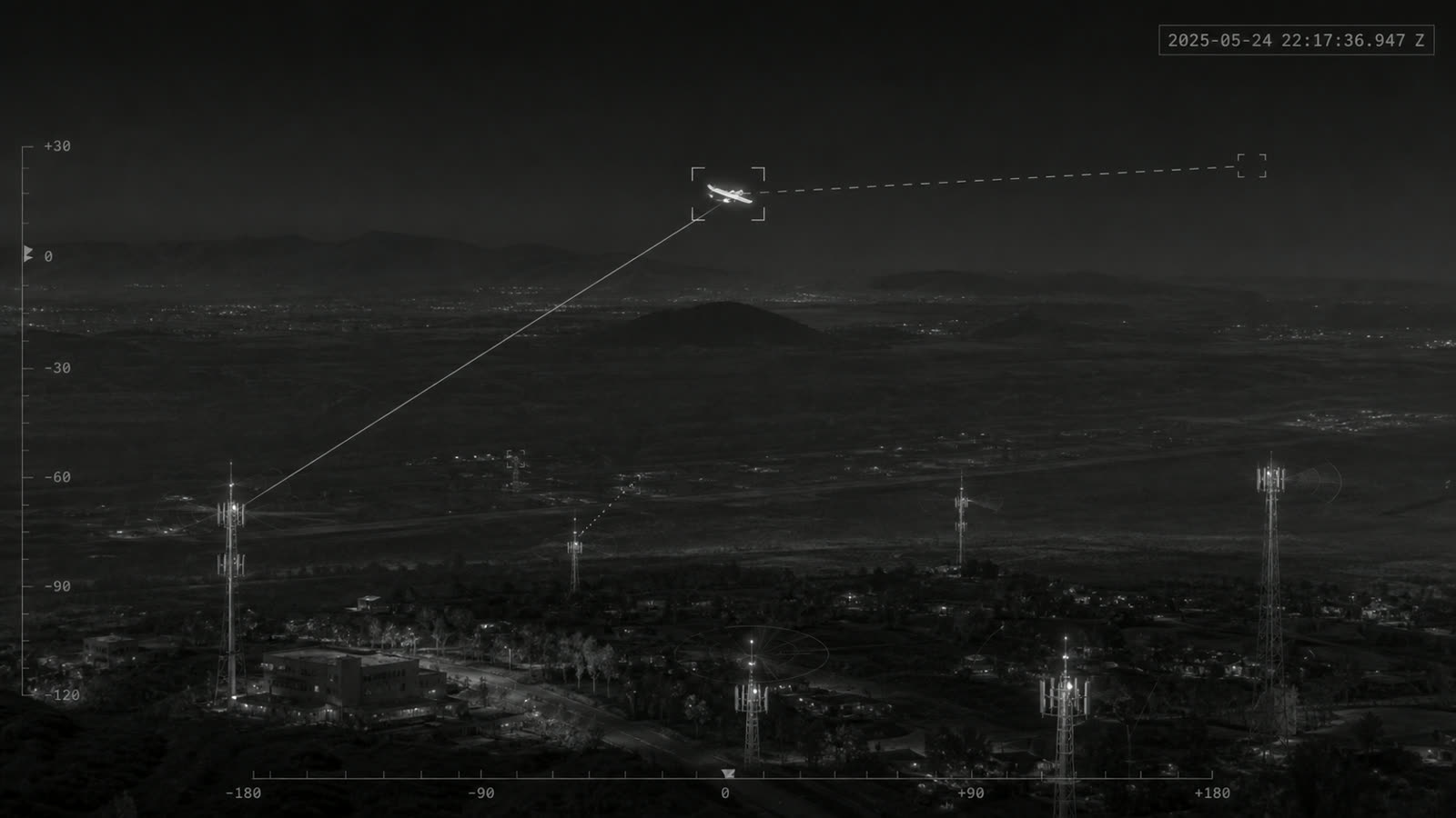 Night thermal-style view over a valley: several cellular masts below, an aircraft locked in a tracking box above the skyline, and a line drawn from one mast to the aircraft