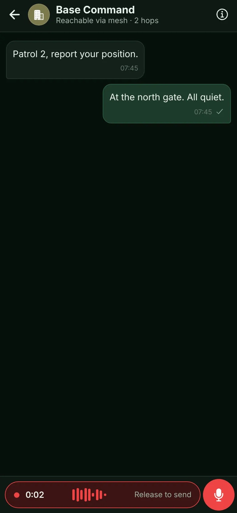 A chat while holding the mic: recording bar with a live equalizer and "Release to send"