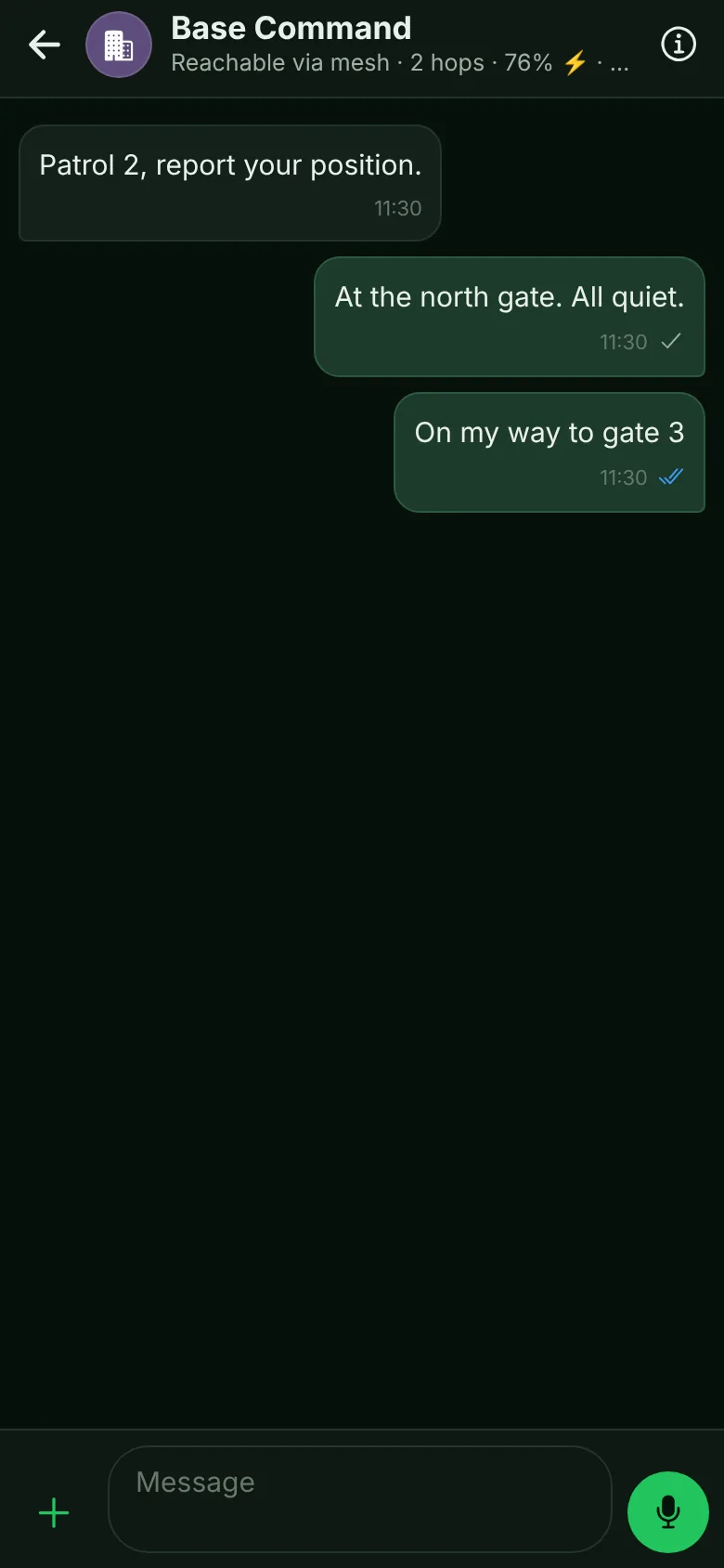 A chat with blue read ticks and the teammate online now with 76% battery, charging