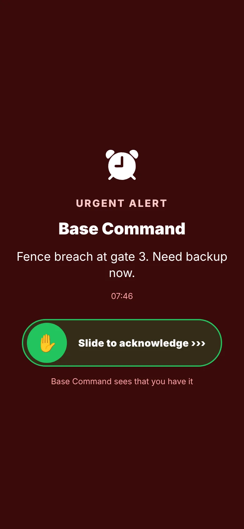 Full-screen urgent alert with Slide to acknowledge