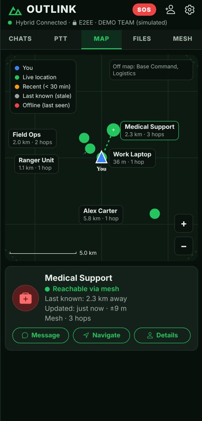 OUTLINK app screen: Map of last-known locations