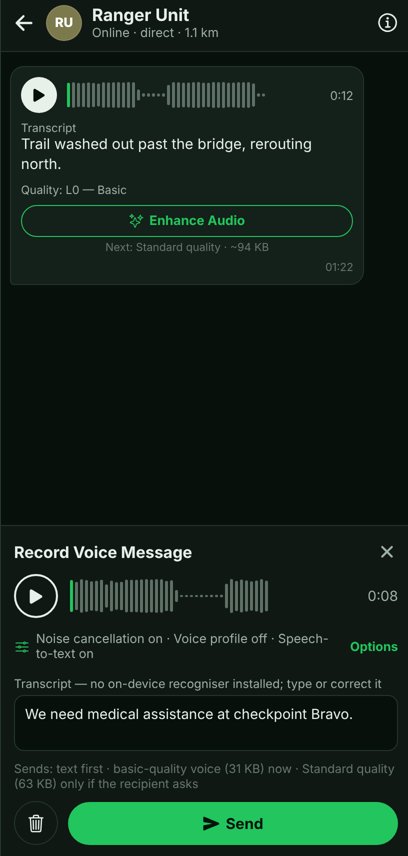 OUTLINK app screen: Voice messages with transcript first