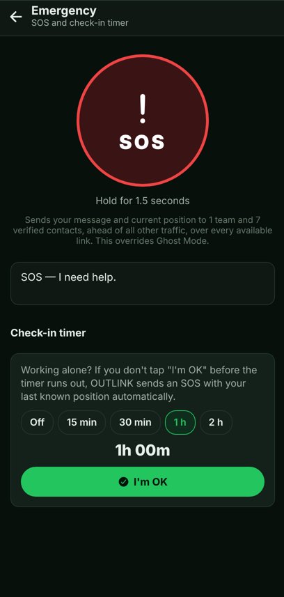 OUTLINK app screen: SOS and check-in timer