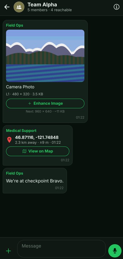 OUTLINK app screen: Team chat with photos and positions