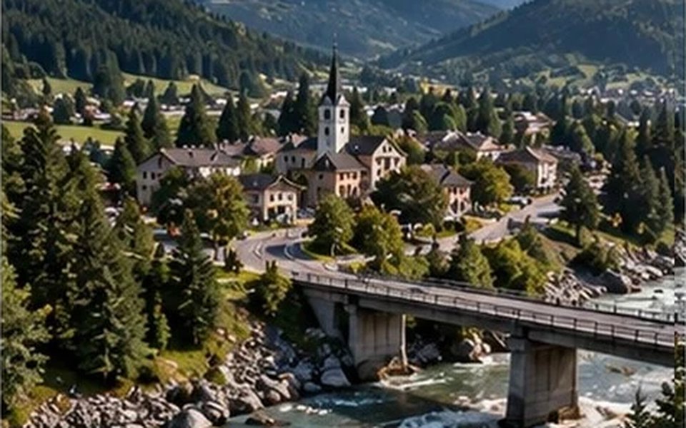 A mountain village and its bridge on a clear day
