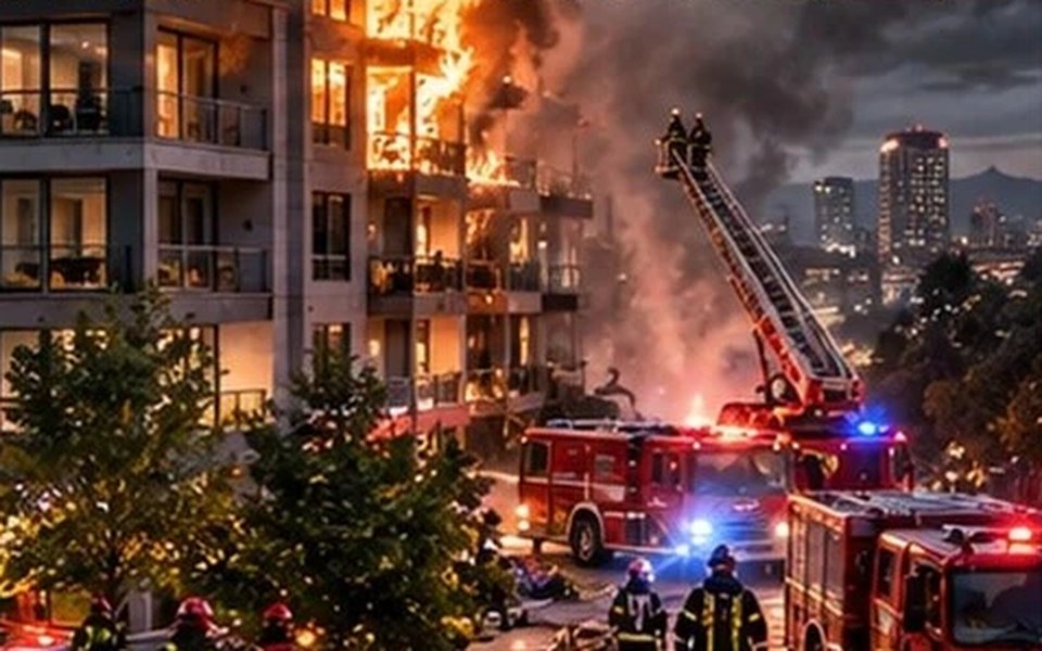 The same apartment block on fire, fire crews at work