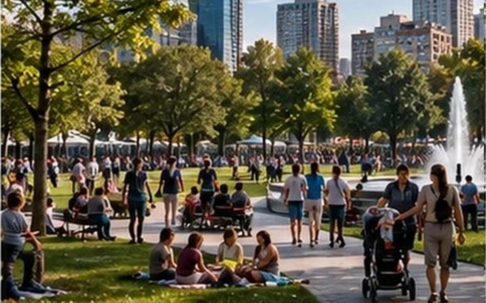 A busy city park on a sunny day