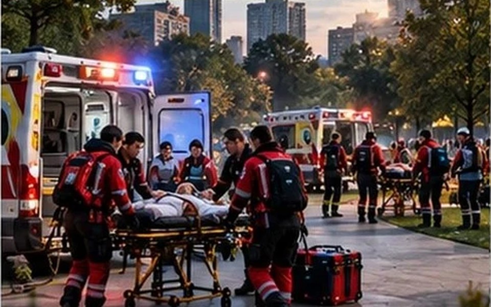 The same park as a mass-casualty scene with ambulances