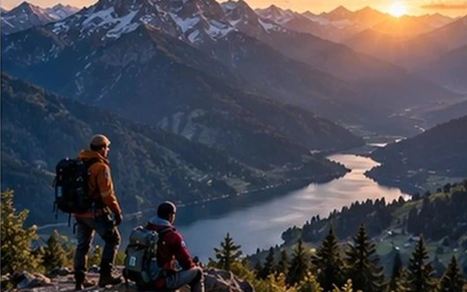 Hikers above a mountain lake at sunset